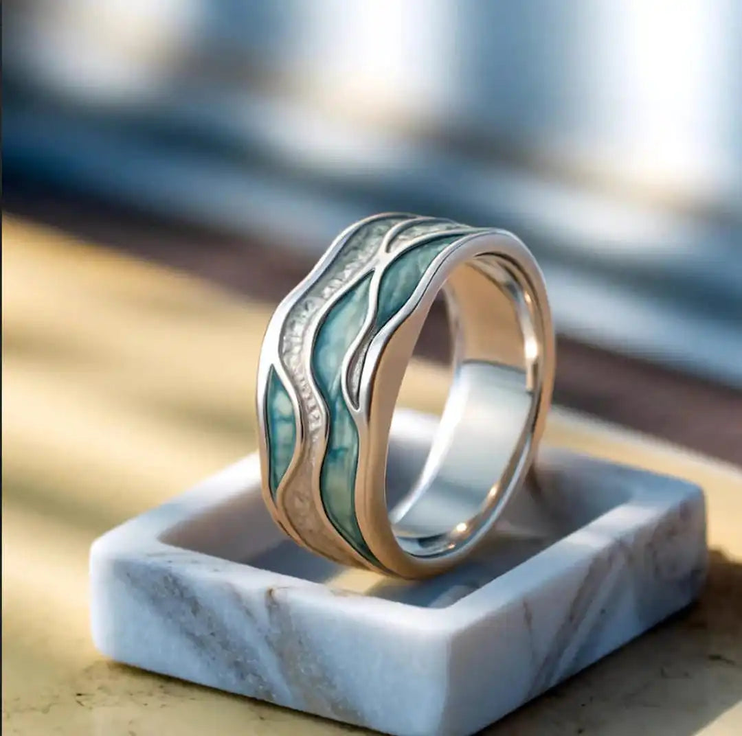 Anillo Ola Plateado con Piedra Turquesa