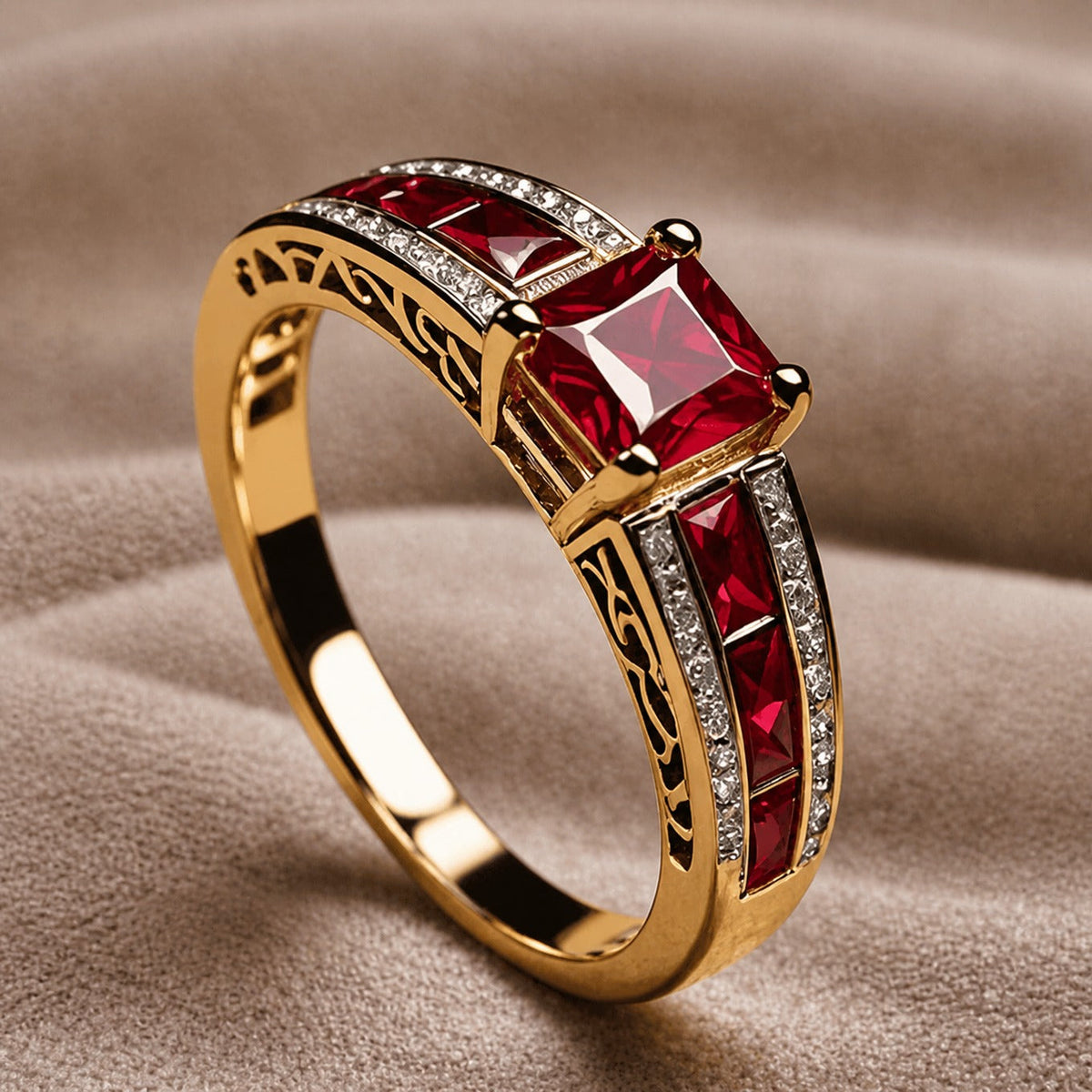 Anillo Reina corona con cristal rojo