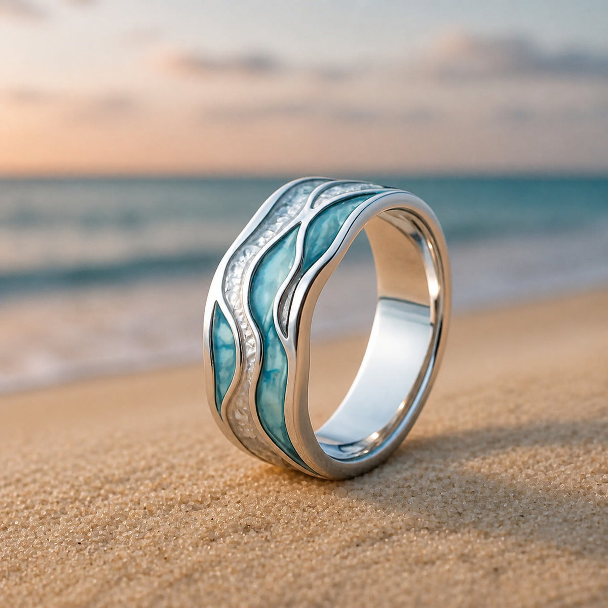 Anillo Ondas con Piedra Turquesa