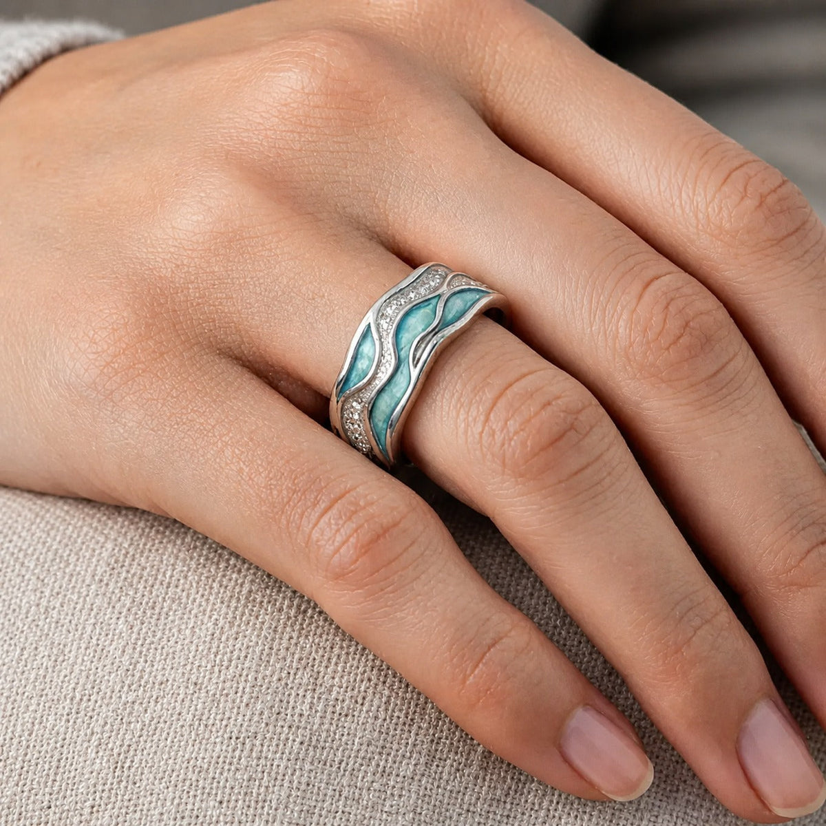 Anillo Ondas con Piedra Turquesa